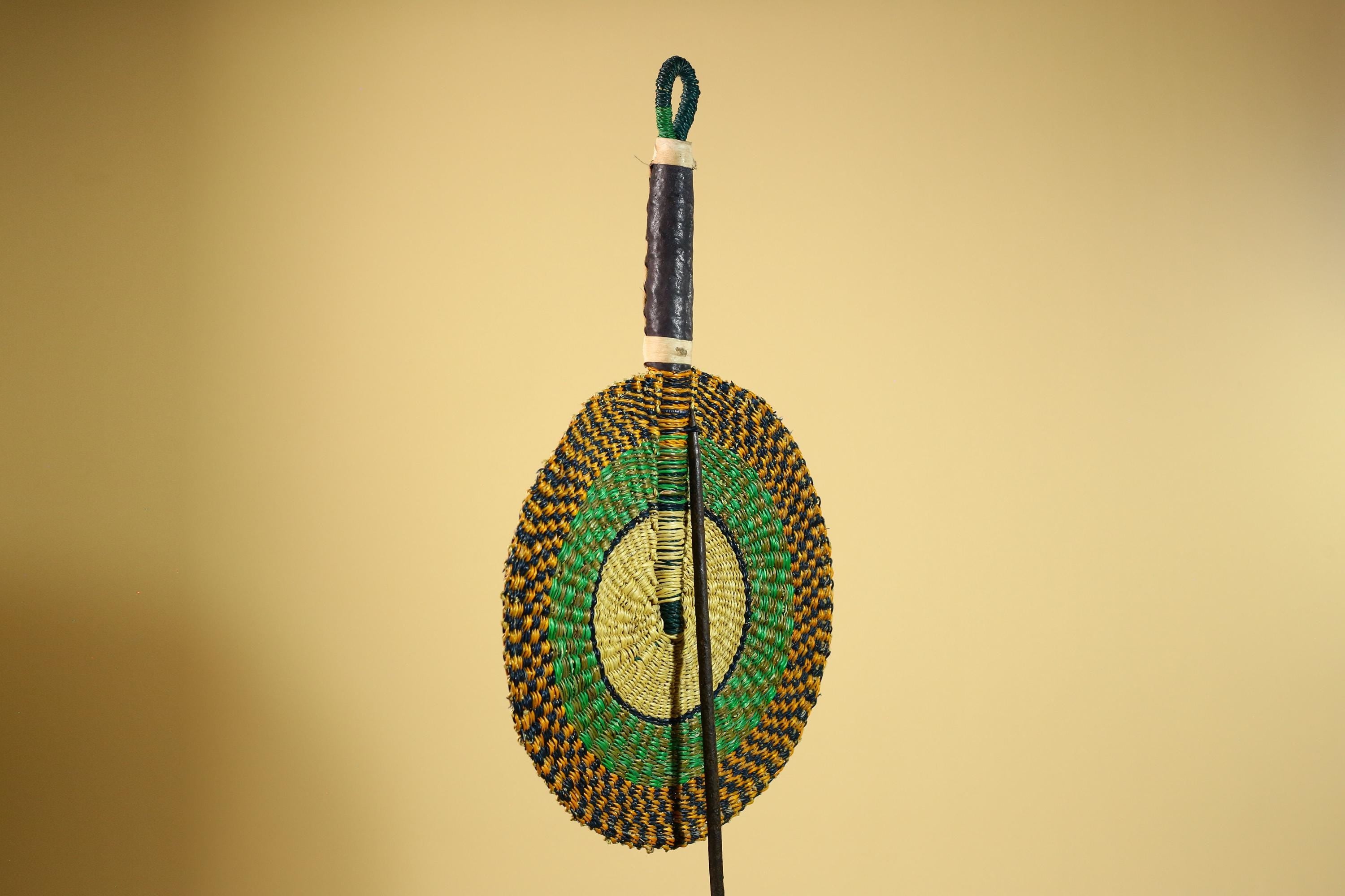 African Woven Fan Straw Bolga Handcrafted Green Yellow Tribal Art Decor-G5933