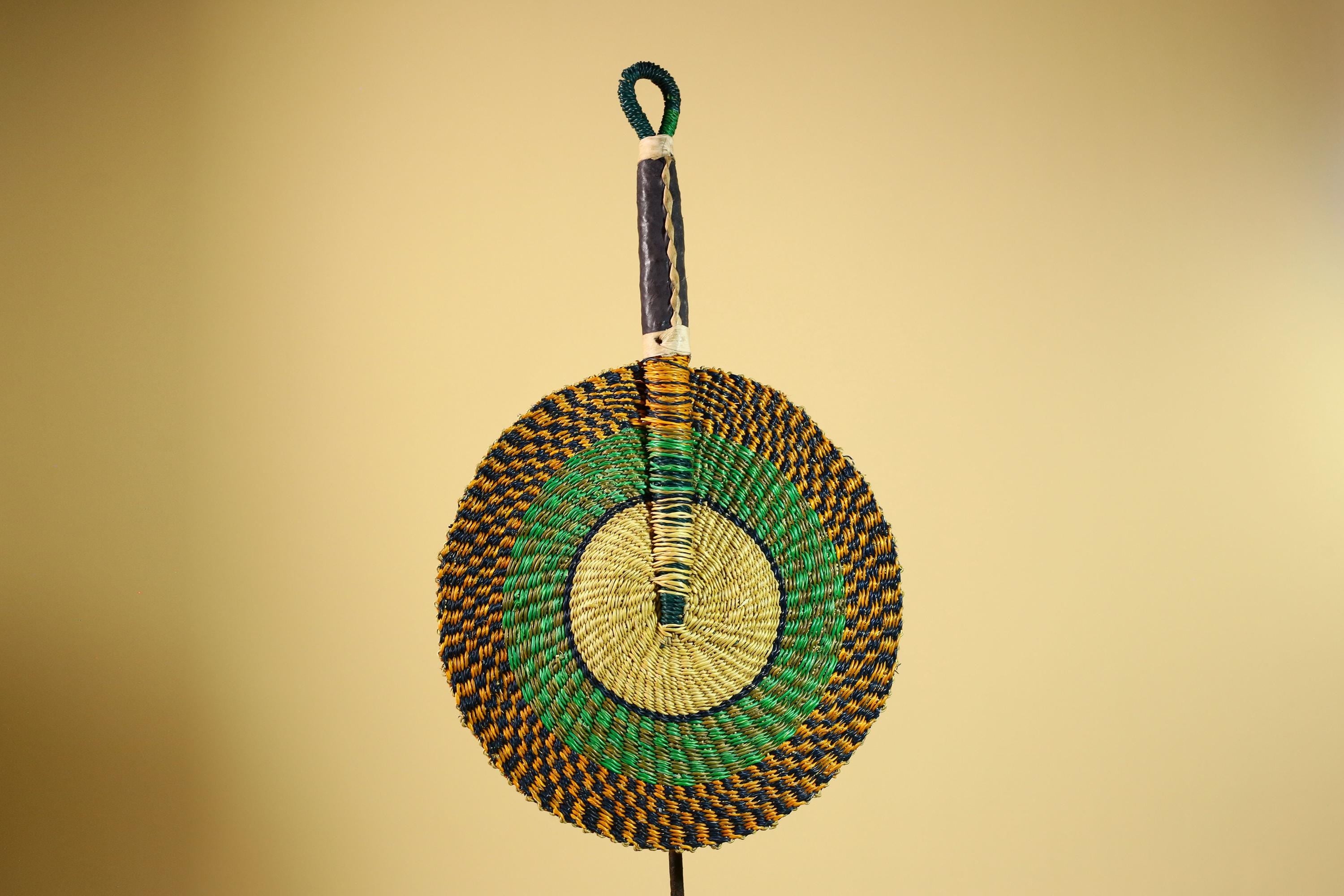 African Woven Fan Straw Bolga Handcrafted Green Yellow Tribal Art Decor-G5933