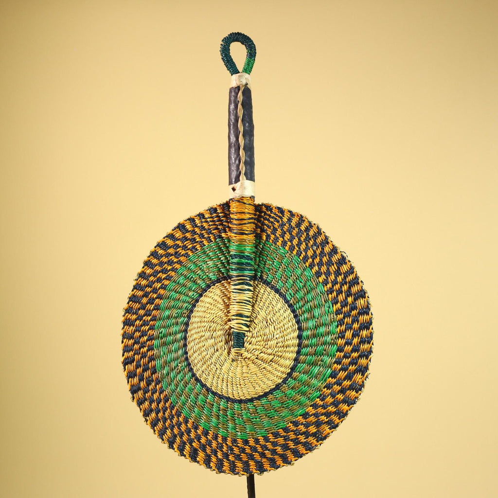 African Woven Fan Straw Bolga Handcrafted Green Yellow Tribal Art Decor-G5933