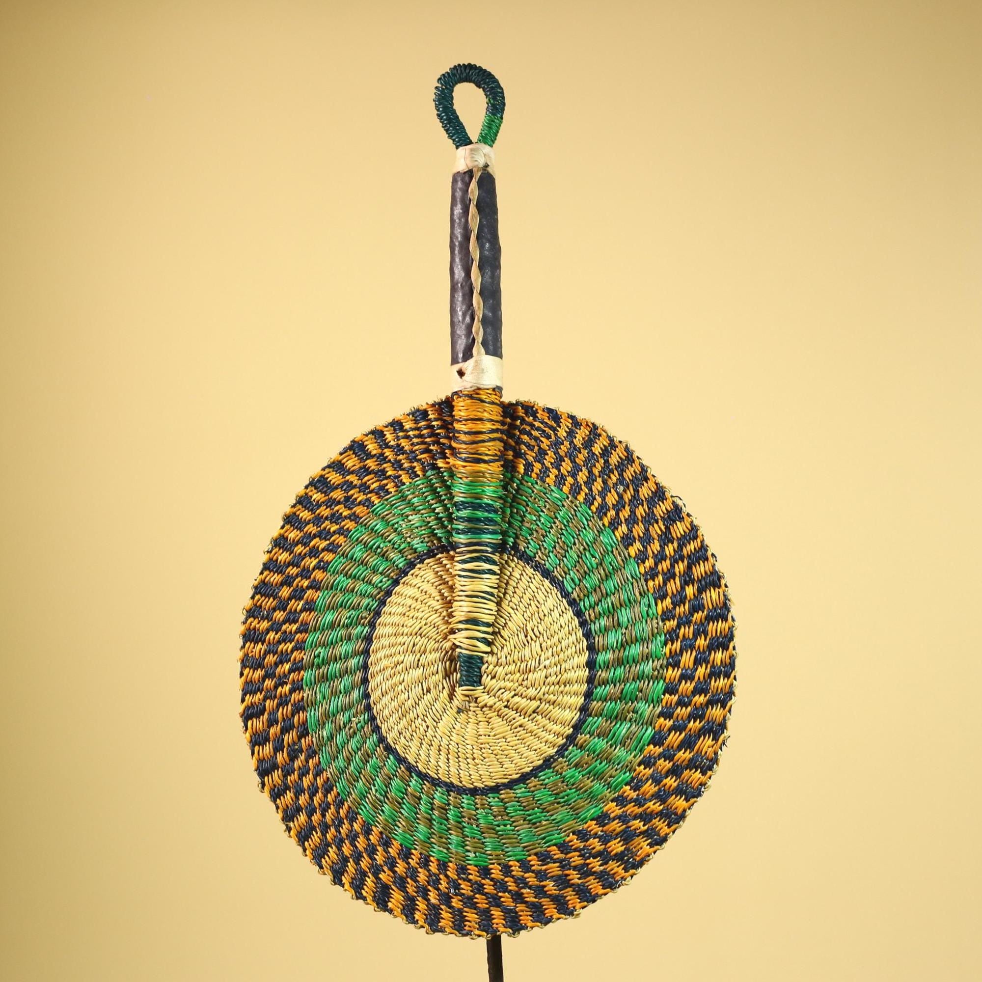 African Woven Fan Straw Bolga Handcrafted Green Yellow Tribal Art Decor-G5933