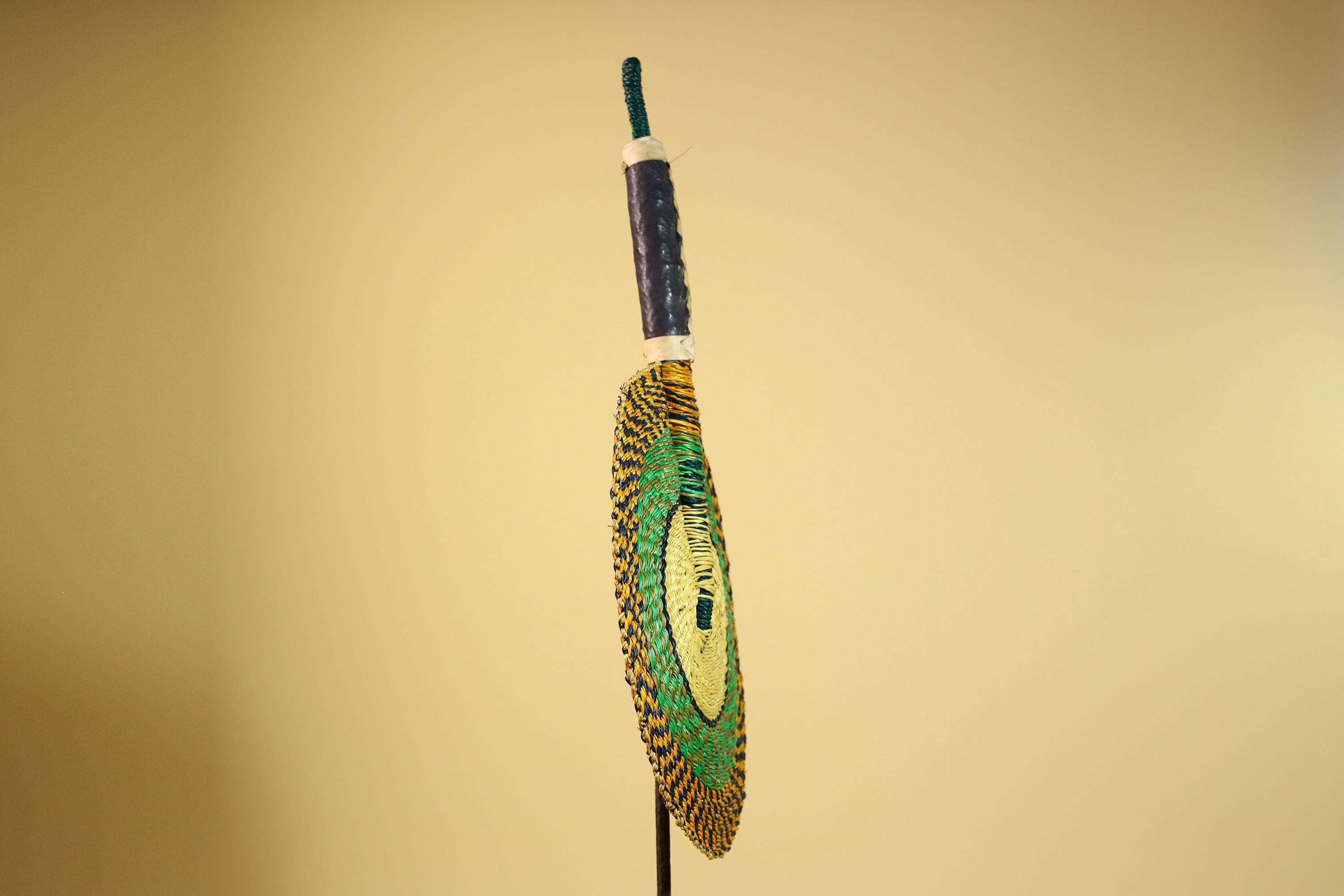 African Woven Fan Straw Bolga Handcrafted Green Yellow Tribal Art Decor-G5933