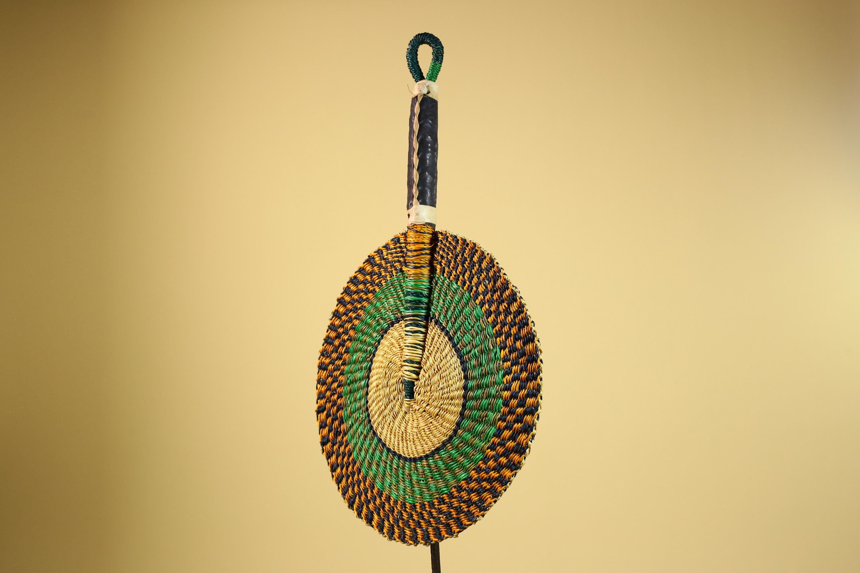 African Woven Fan Straw Bolga Handcrafted Green Yellow Tribal Art Decor-G5933