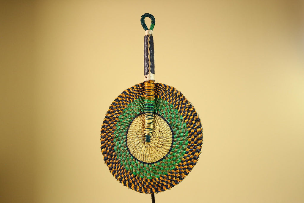 African Woven Fan Straw Bolga Handcrafted Green Yellow Tribal Art Decor-G5933