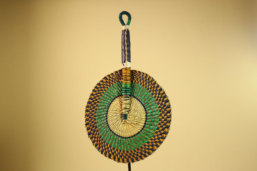 African Woven Fan Straw Bolga Handcrafted Green Yellow Tribal Art Decor-G5933