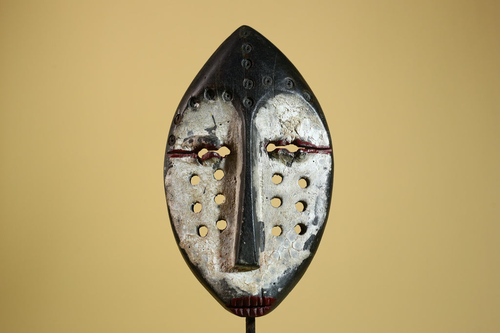 African Mask Carved Wood Painted Face Hole Pattern Congo Tribal Art Decorr-G5936