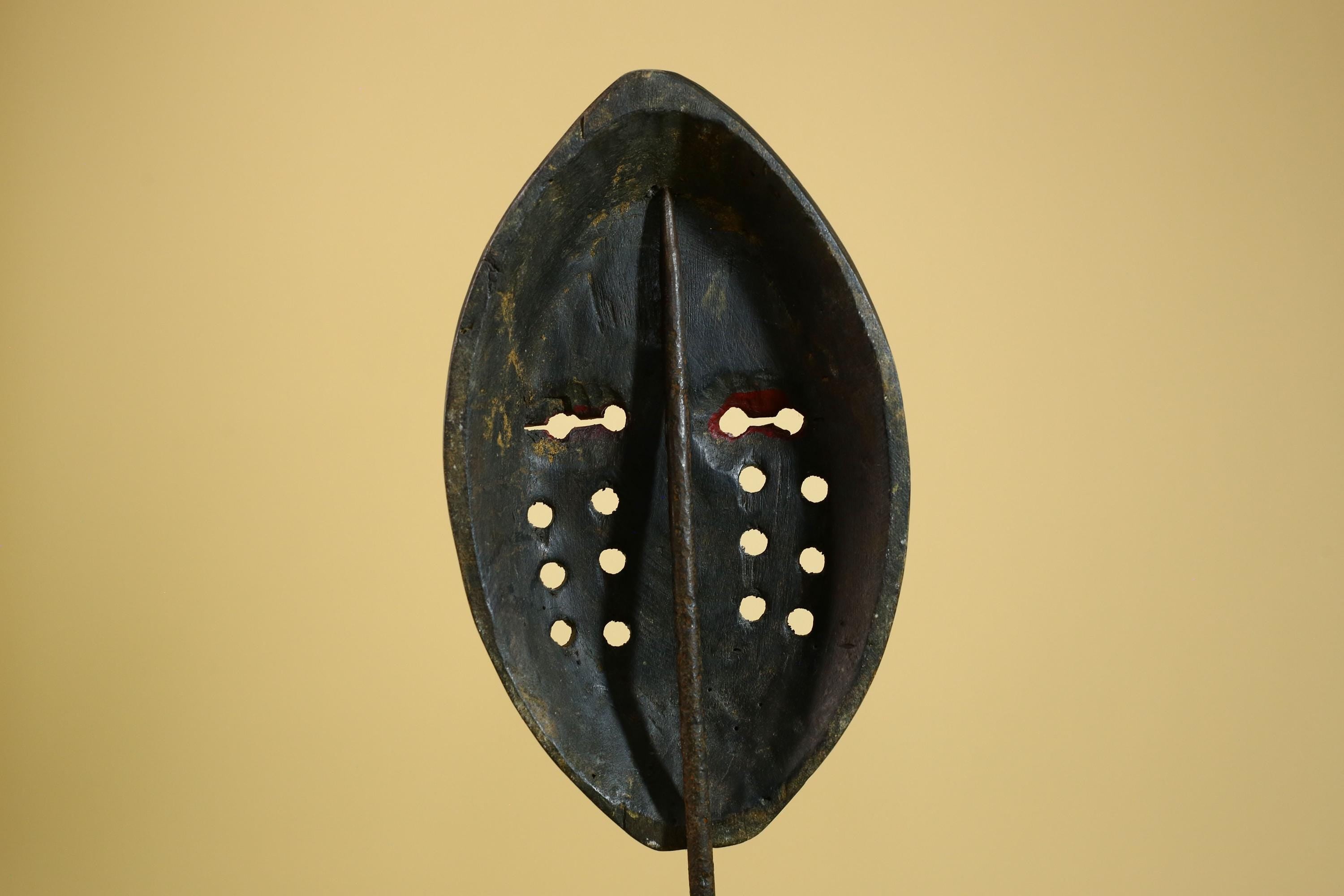 African Mask Carved Wood Painted Face Hole Pattern Congo Tribal Art Decorr-G5936