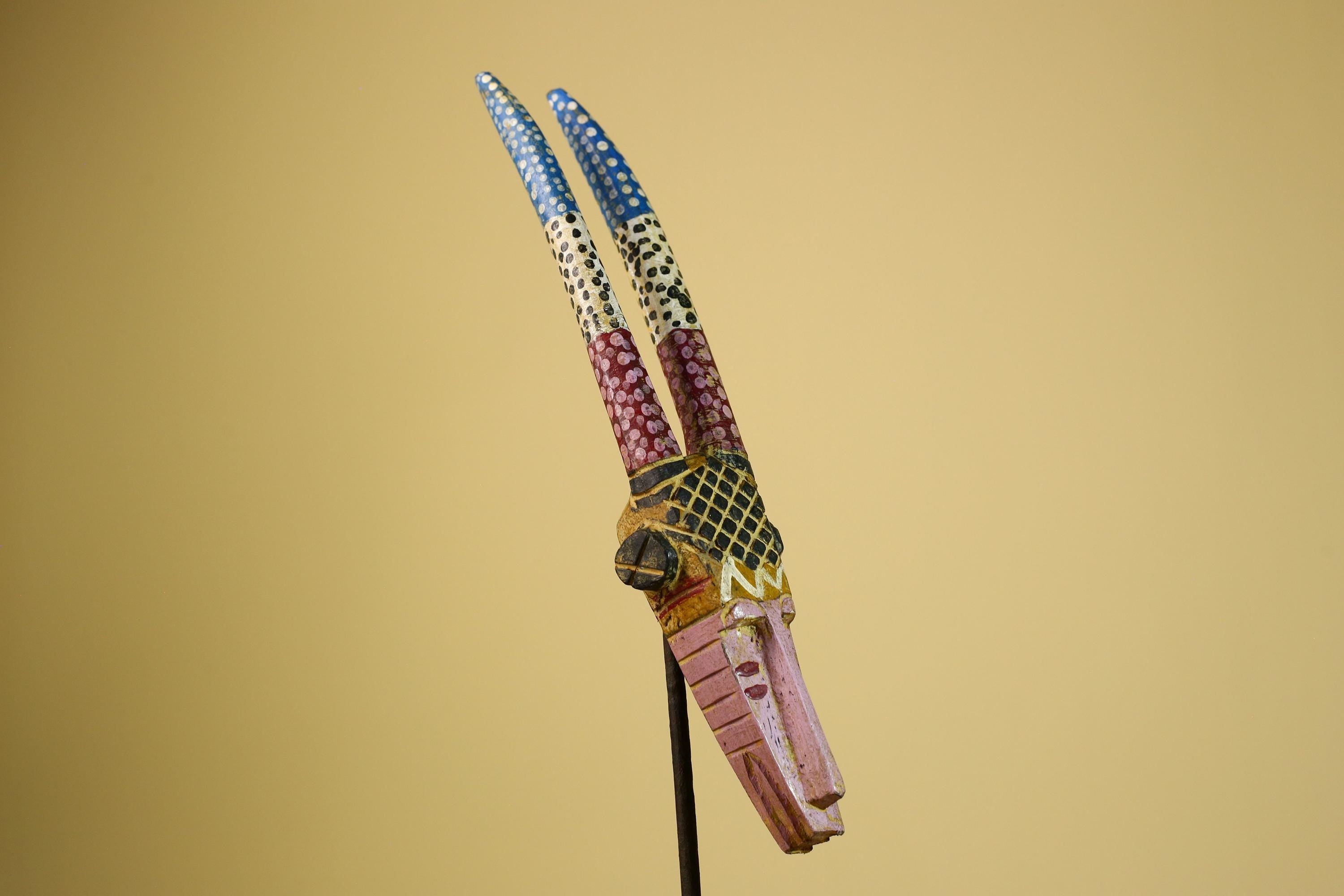 African Tribal Mask Carved Wood Long Horn Design Mali Art Decor-G5940