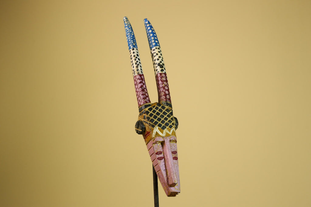 African Tribal Mask Carved Wood Long Horn Design Mali Art Decor-G5940