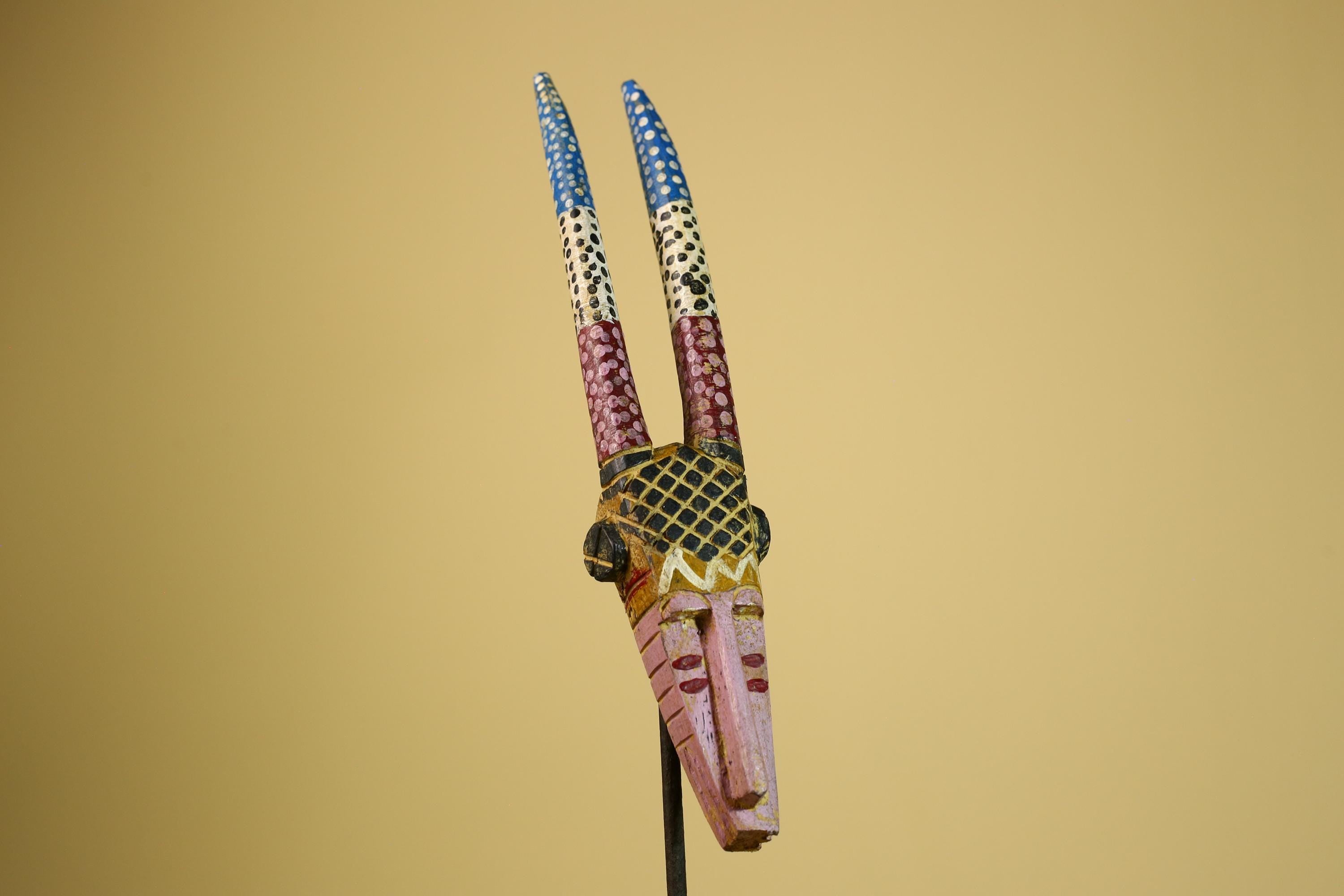 African Tribal Mask Carved Wood Long Horn Design Mali Art Decor-G5940