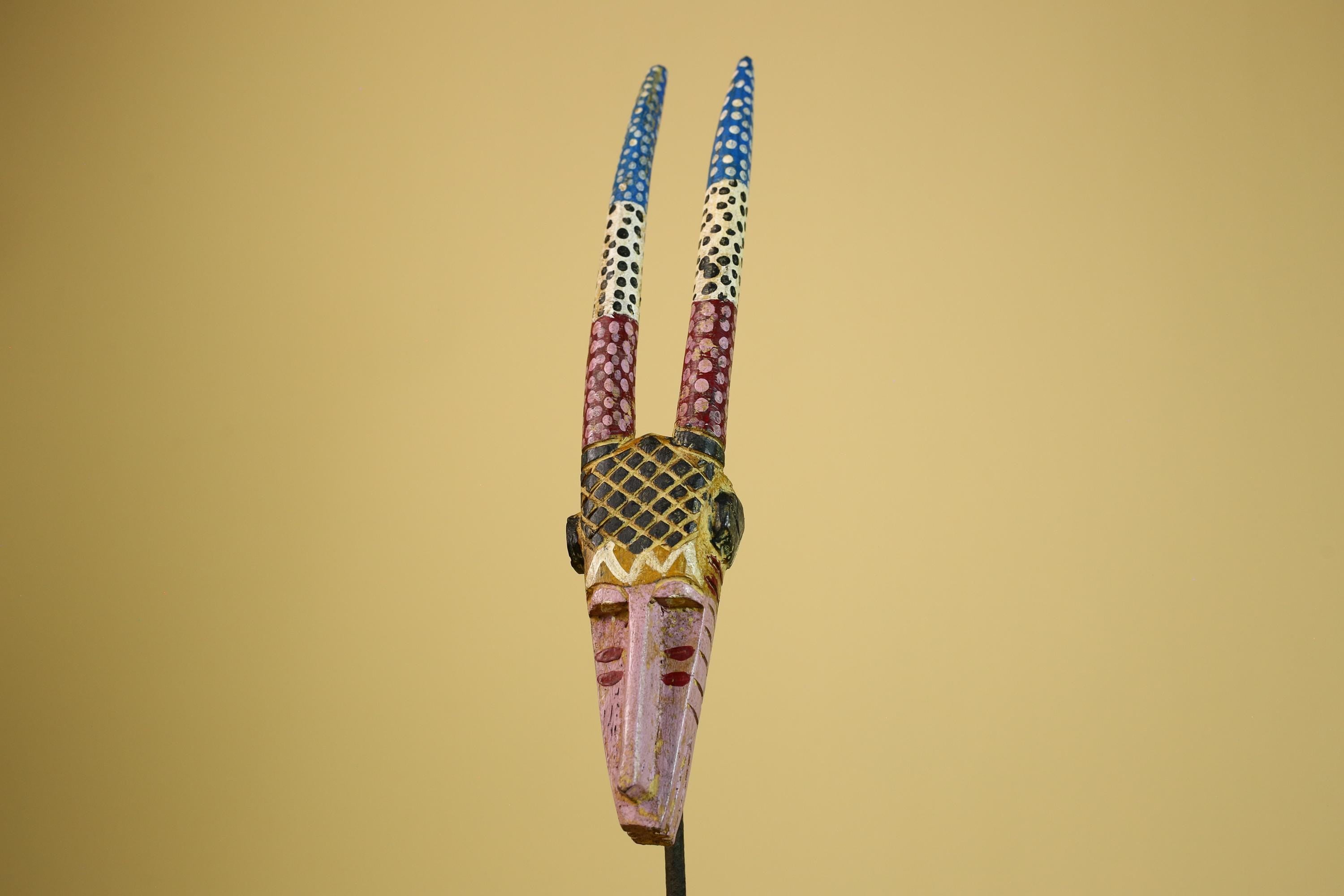 African Tribal Mask Carved Wood Long Horn Design Mali Art Decor-G5940