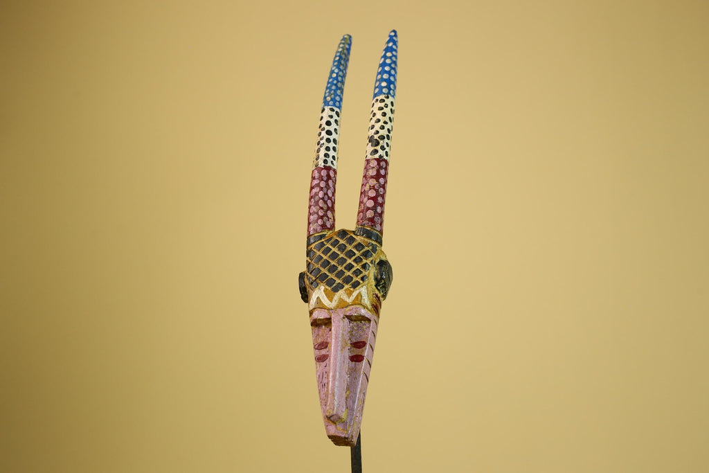 African Tribal Mask Carved Wood Long Horn Design Mali Art Decor-G5940
