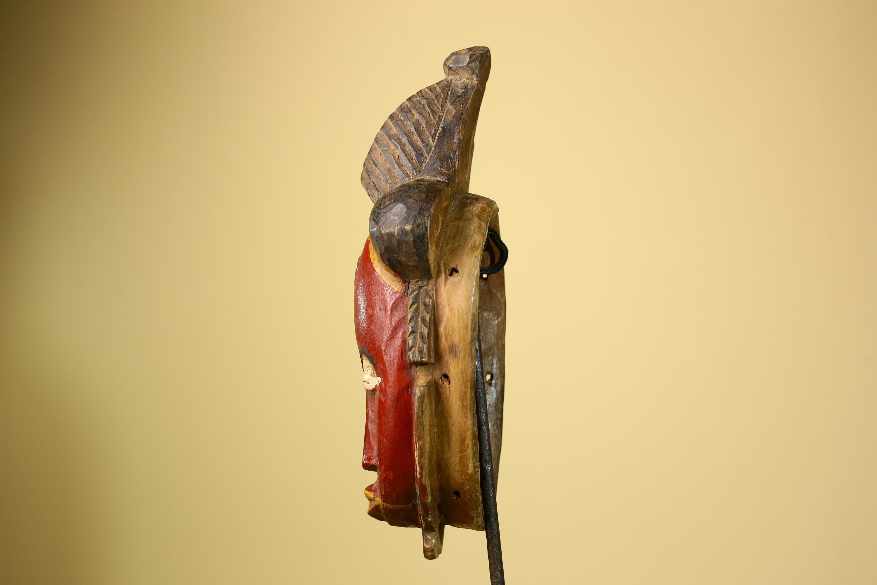 African Baule Mask Carved Wood Painted Red Face Côte d’Ivoire Tribal Art-G5943