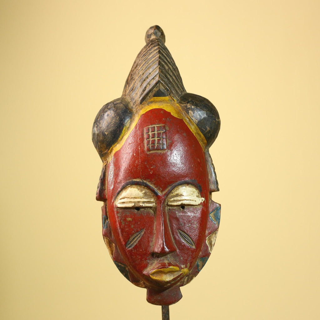 African Baule Mask Carved Wood Painted Red Face Côte d’Ivoire Tribal Art-G5943