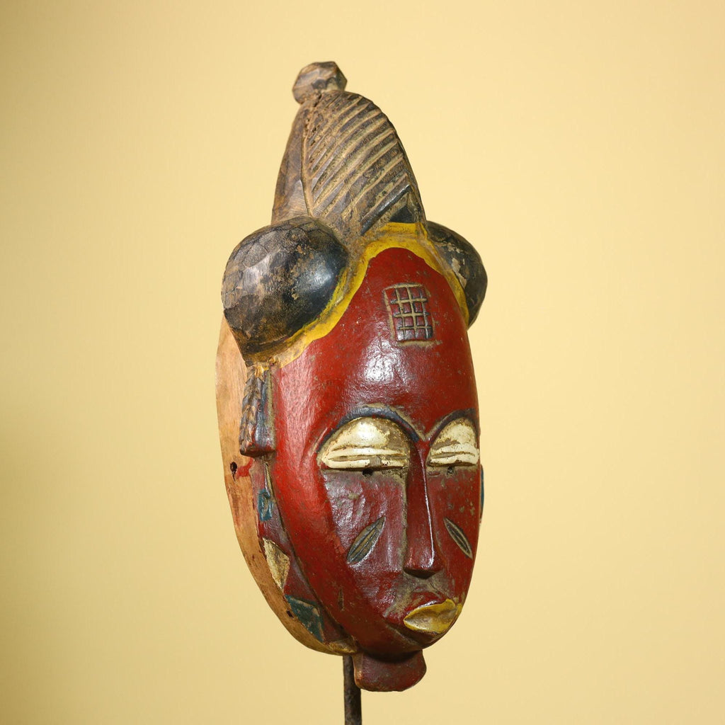 African Baule Mask Carved Wood Painted Red Face Côte d’Ivoire Tribal Art-G5943