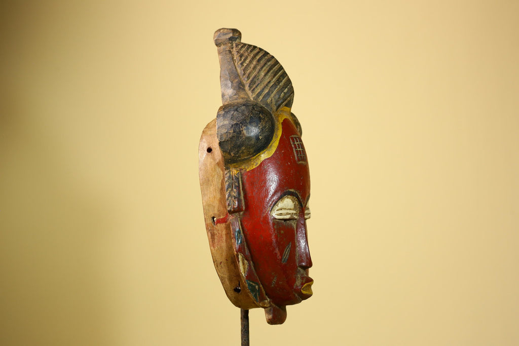 African Baule Mask Carved Wood Painted Red Face Côte d’Ivoire Tribal Art-G5943