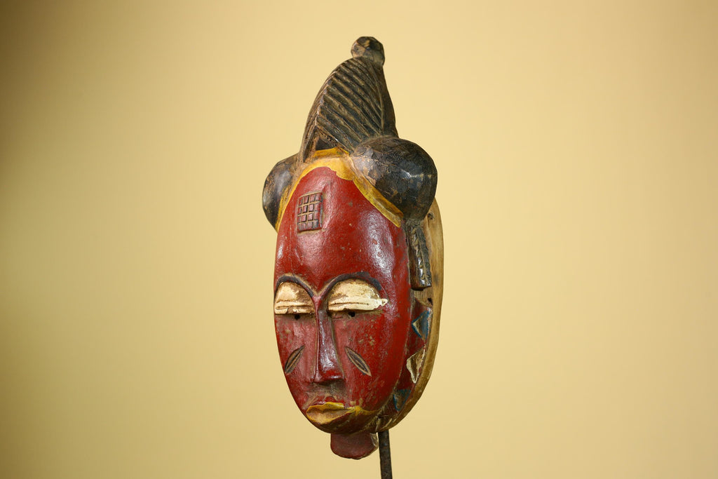 African Baule Mask Carved Wood Painted Red Face Côte d’Ivoire Tribal Art-G5943