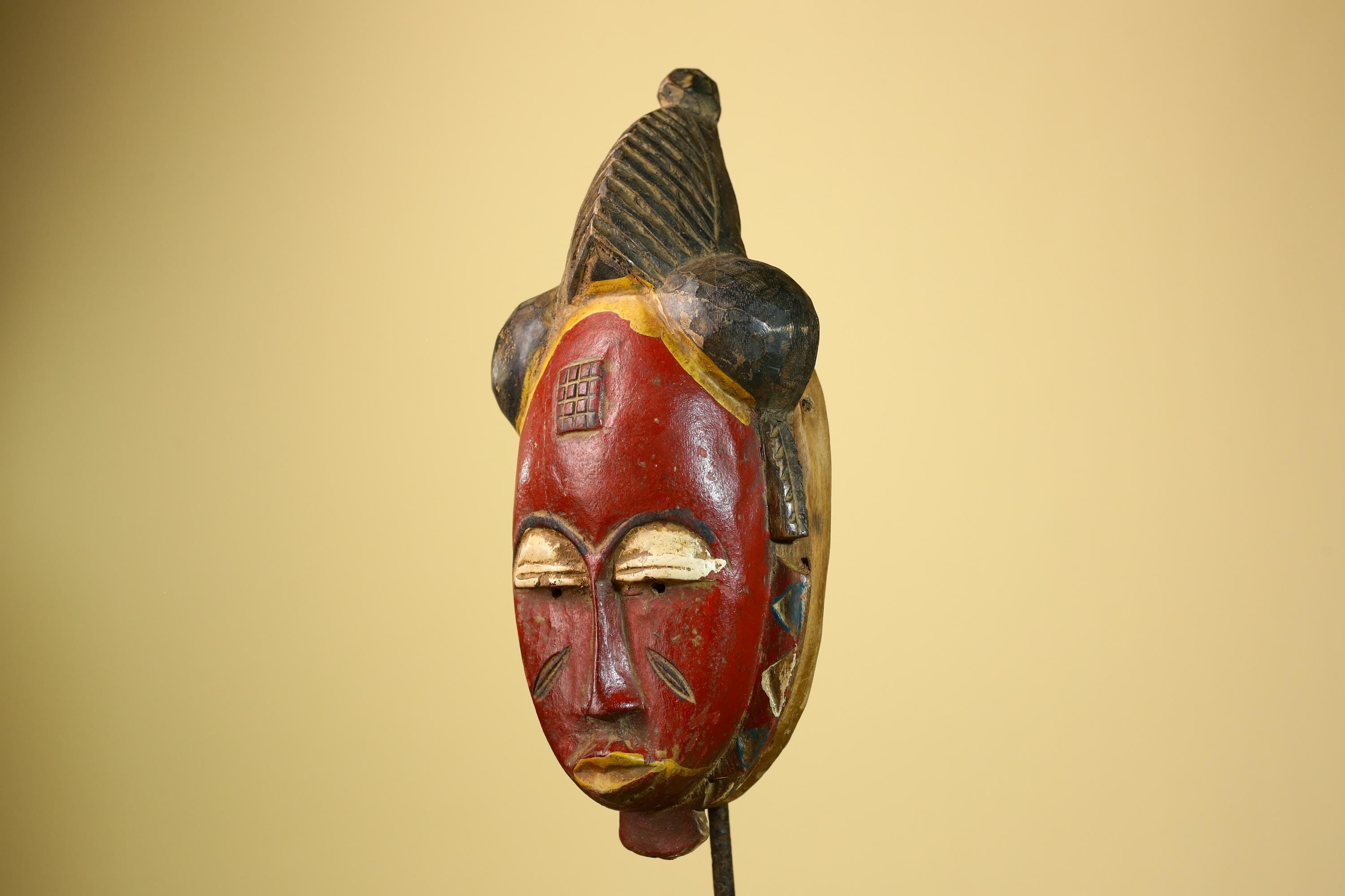 African Baule Mask Carved Wood Painted Red Face Côte d’Ivoire Tribal Art-G5943