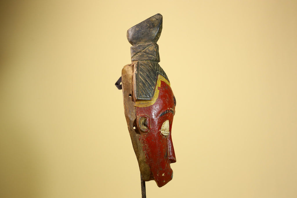 African Baule Mask Carved Wood Red Painted Face Côte d’Ivoire Tribal Art-G5944