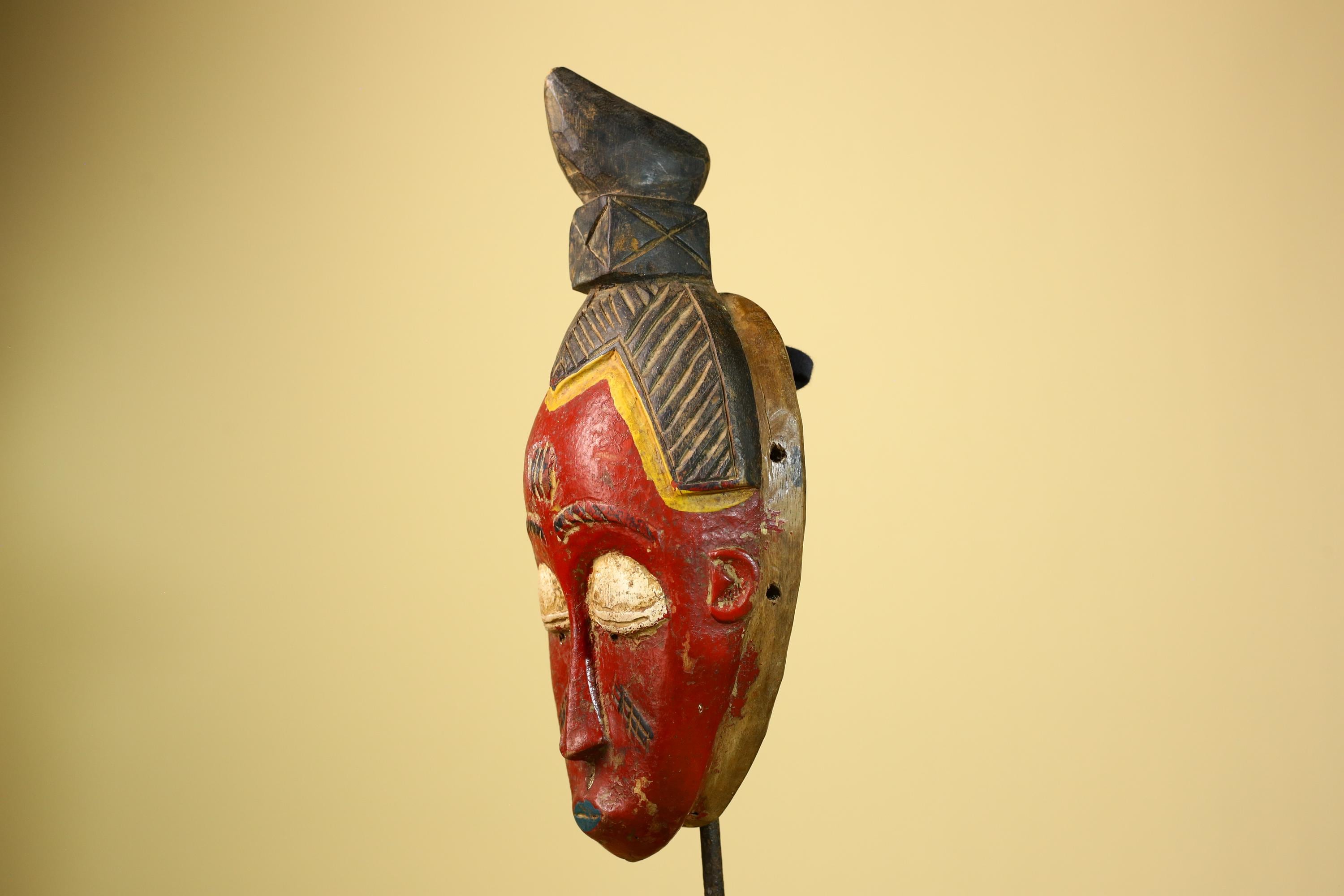 African Baule Mask Carved Wood Red Painted Face Côte d’Ivoire Tribal Art-G5944
