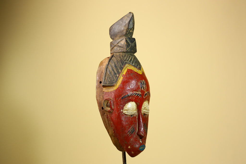 African Baule Mask Carved Wood Red Painted Face Côte d’Ivoire Tribal Art-G5944