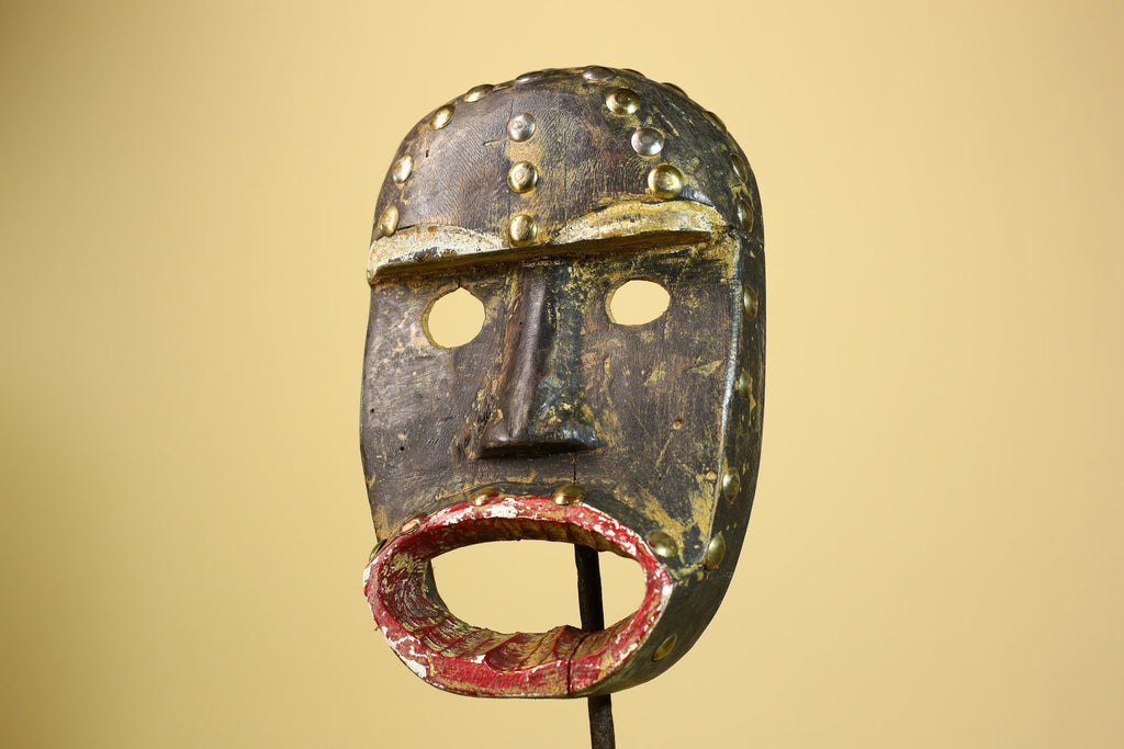 African Tribal Mask Wood With Metal Studs Côte d’Ivoire Ritual Decor-G5945