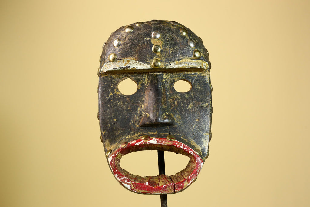 African Tribal Mask Wood With Metal Studs Côte d’Ivoire Ritual Decor-G5945
