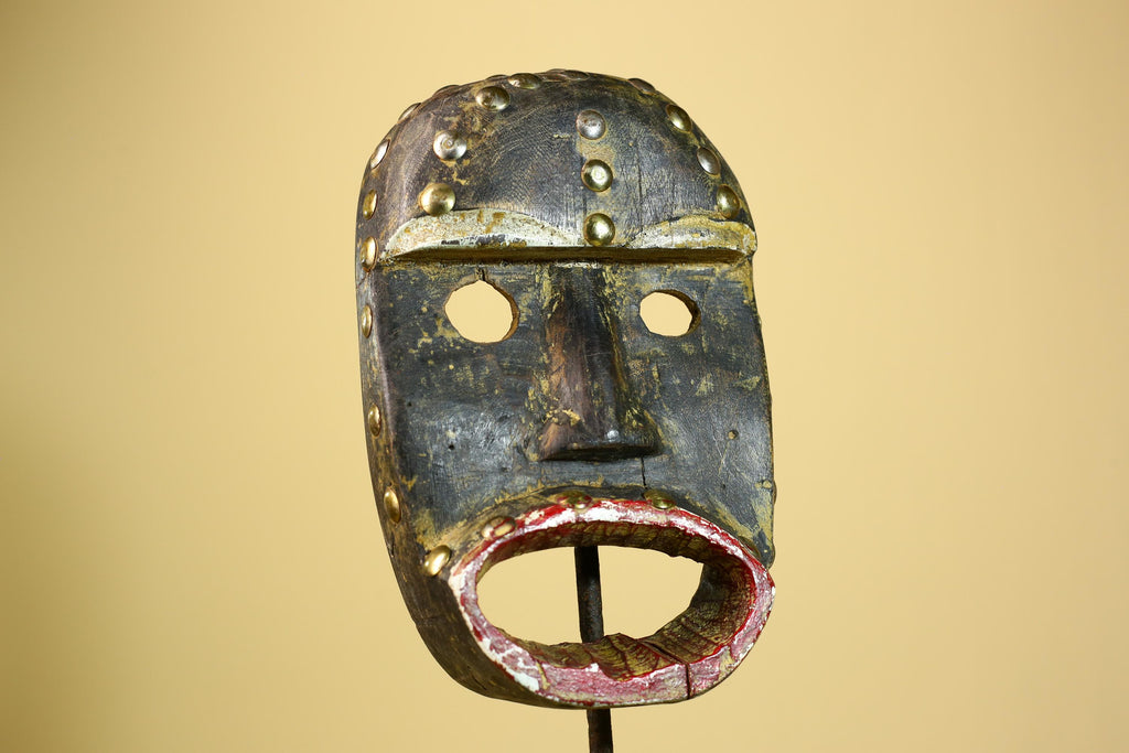 African Tribal Mask Wood With Metal Studs Côte d’Ivoire Ritual Decor-G5945
