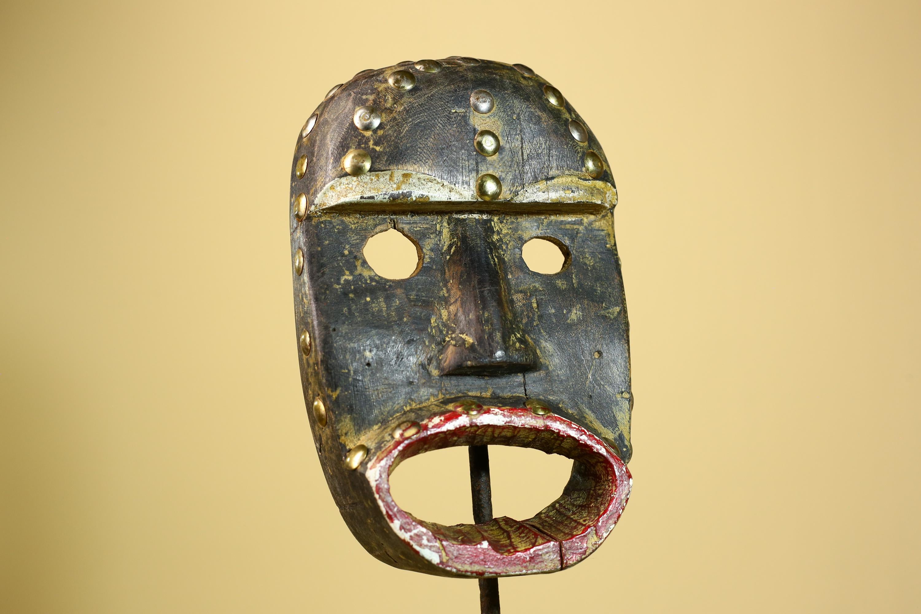 African Tribal Mask Wood With Metal Studs Côte d’Ivoire Ritual Decor-G5945