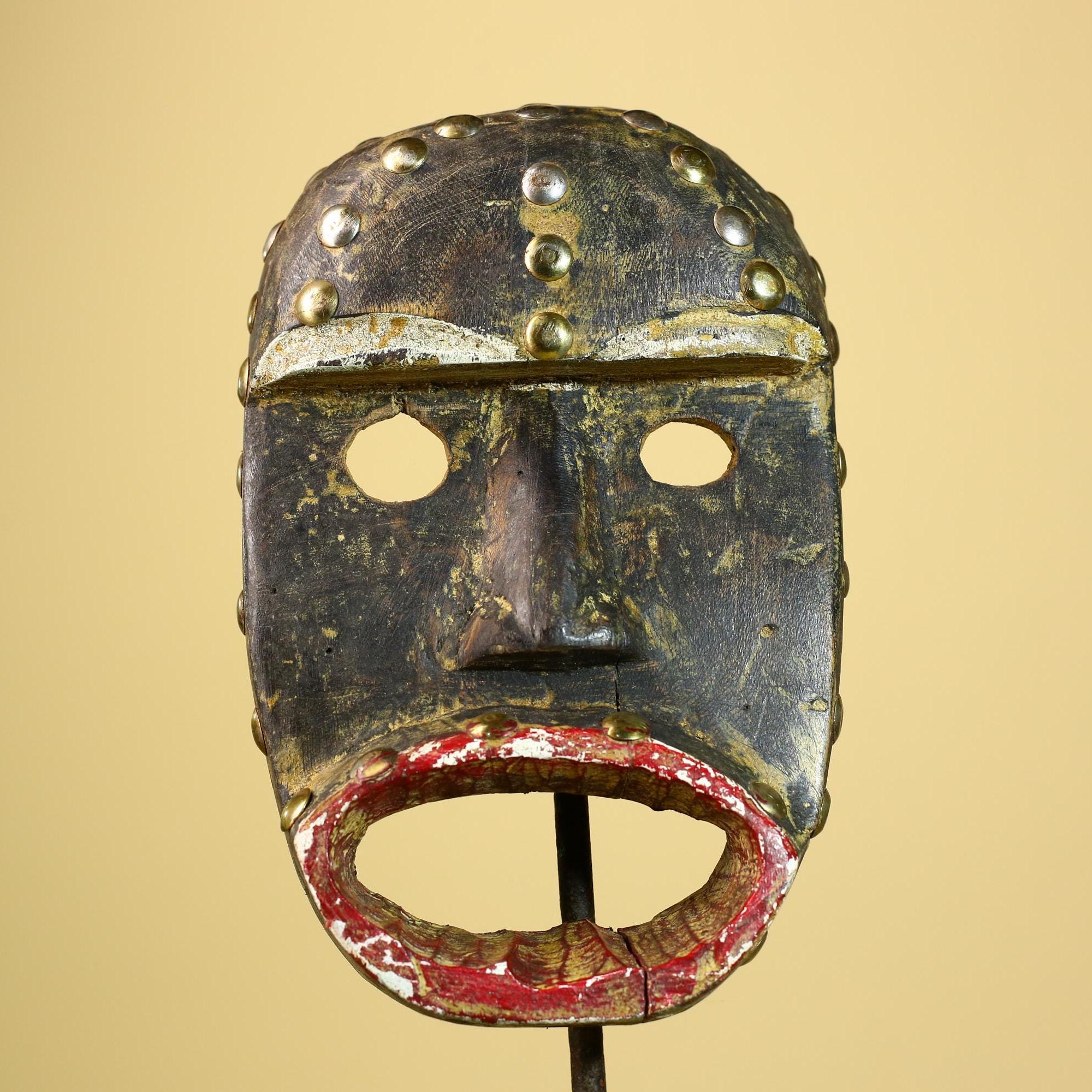 African Tribal Mask Wood With Metal Studs Côte d’Ivoire Ritual Decor-G5945