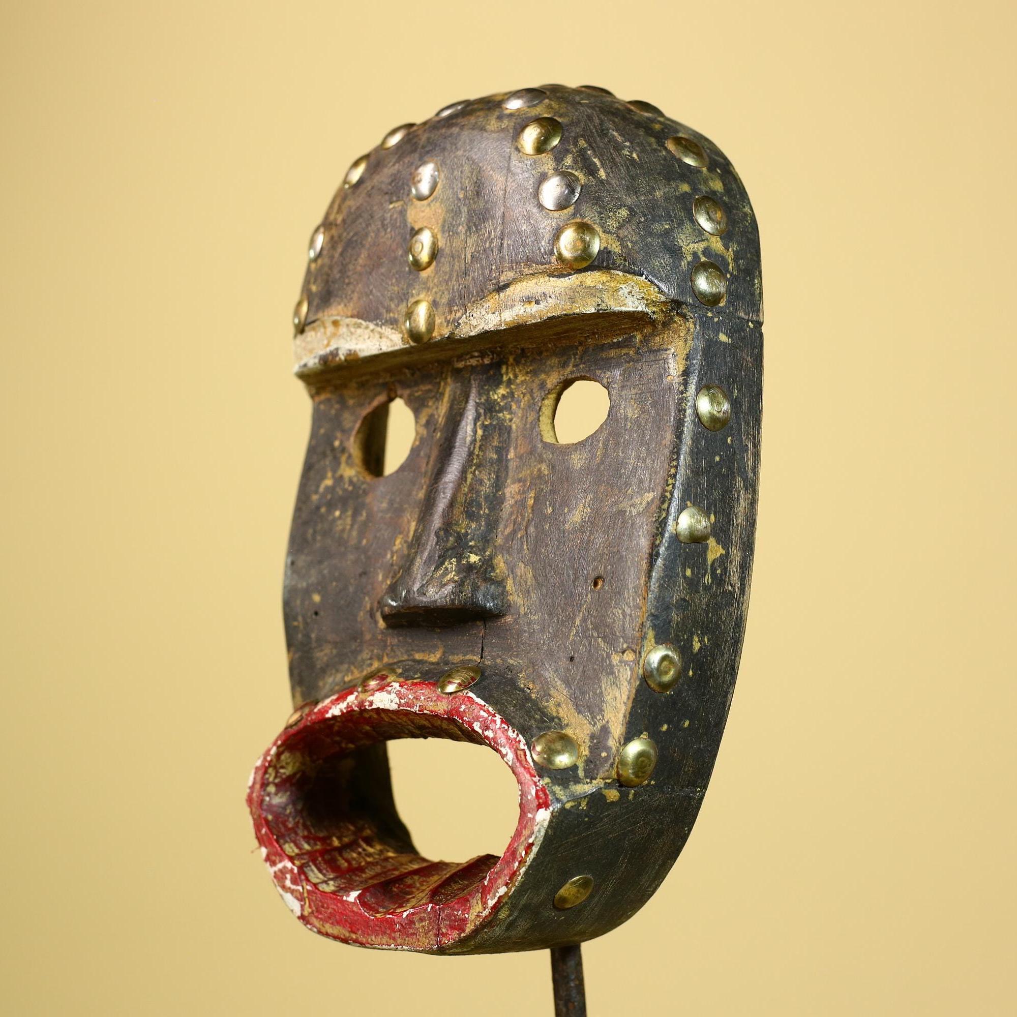 African Tribal Mask Wood With Metal Studs Côte d’Ivoire Ritual Decor-G5945