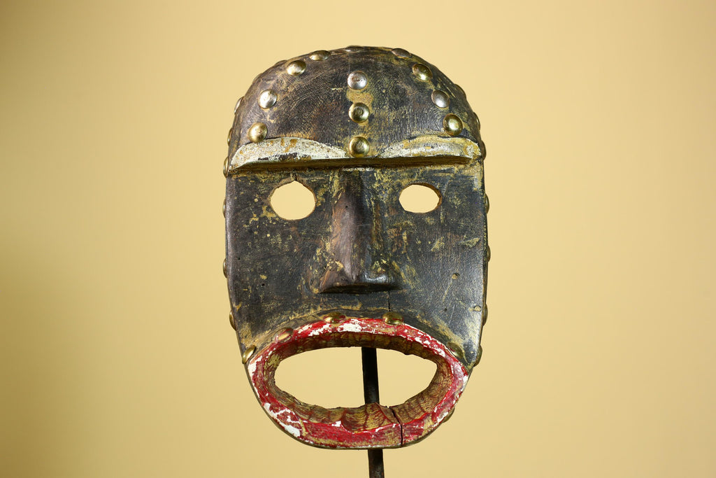 African Tribal Mask Wood With Metal Studs Côte d’Ivoire Ritual Decor-G5945