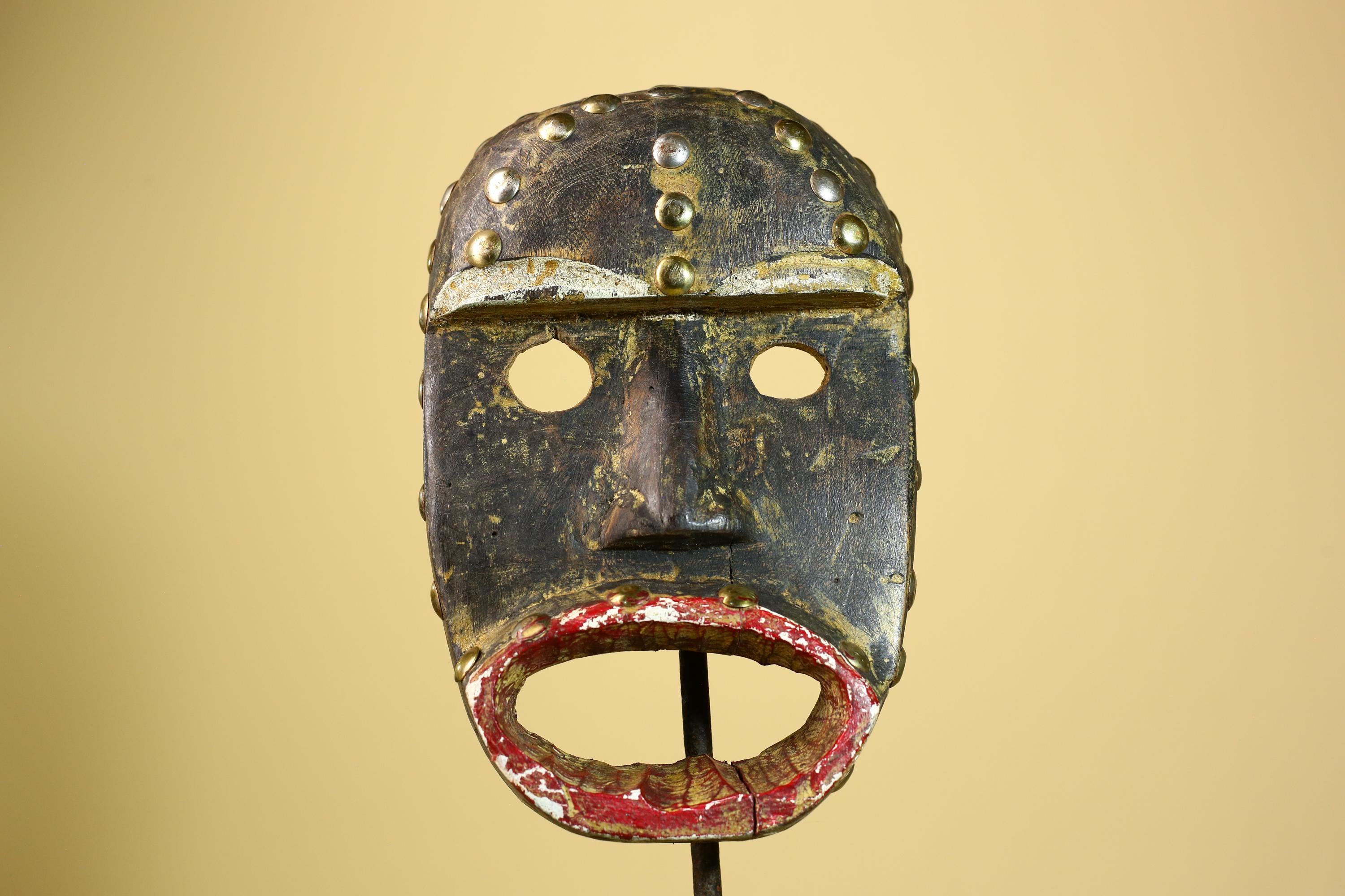African Tribal Mask Wood With Metal Studs Côte d’Ivoire Ritual Decor-G5945