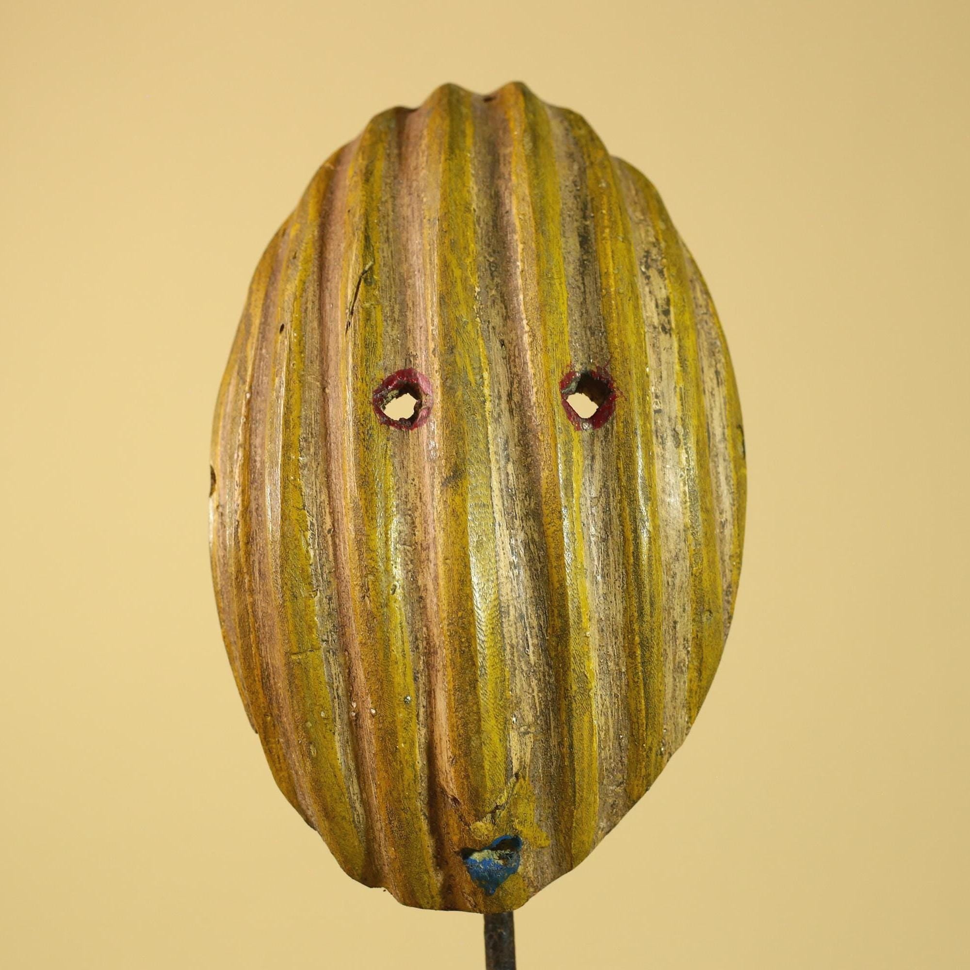 African Tribal Mask Carved Wood Striped Design West Africa Art Decor-G5946
