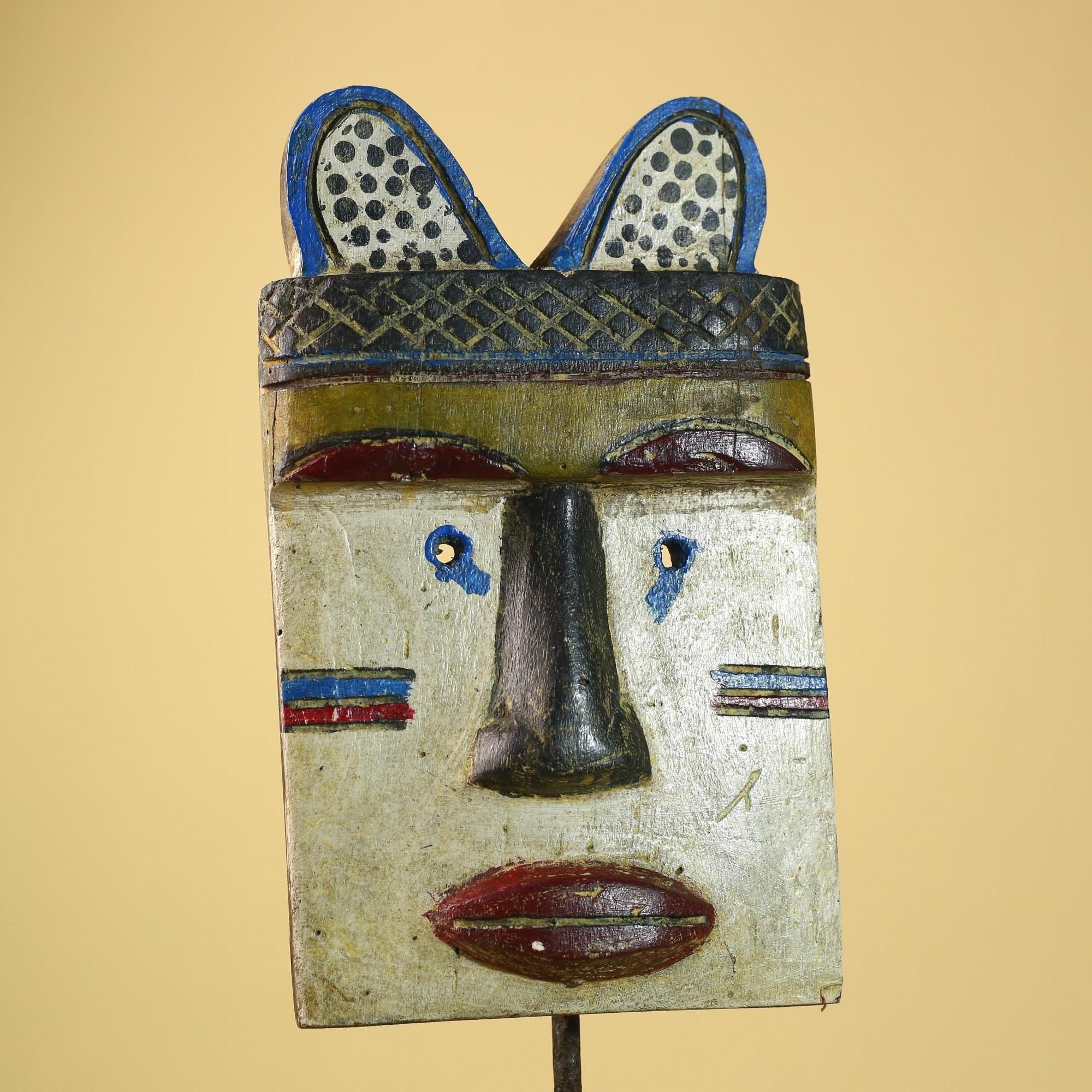 African Tribal Mask Carved Wood Painted Features Congo Wall Art Decor-G5948