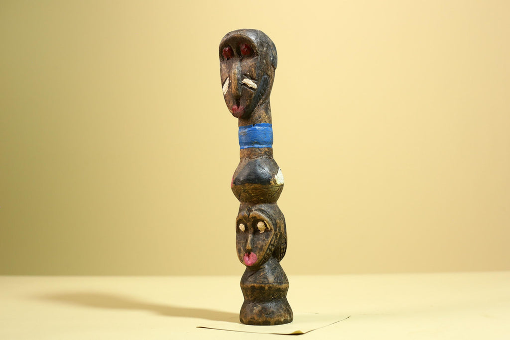 African Tribal Statue Carved Wood Double Head Figure West Africa Art Decor-G5951