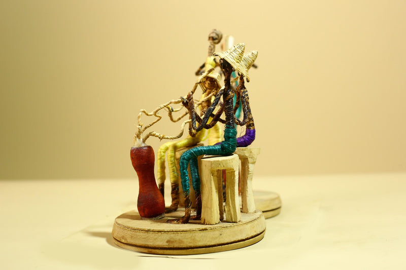 African Tribal Statue Wire Wrapped Figures Carved Wood Base Wall Decor-G5952