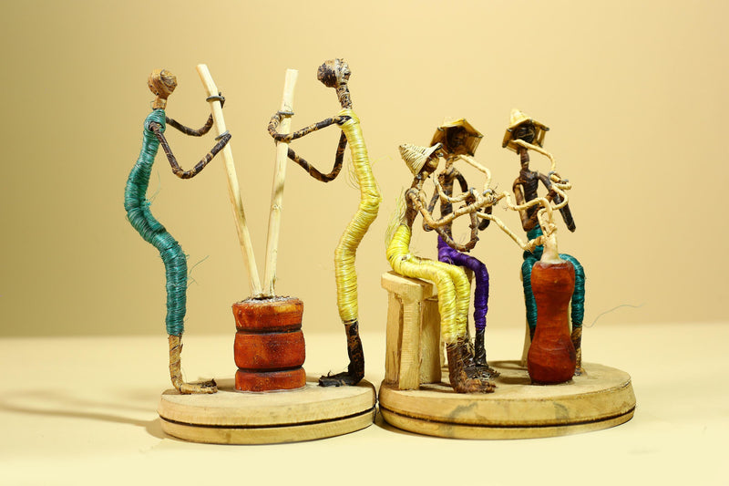 African Tribal Statue Wire Wrapped Figures Carved Wood Base Wall Decor-G5952