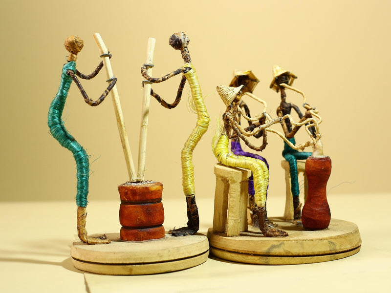 African Tribal Statue Wire Wrapped Figures Carved Wood Base Wall Decor-G5952