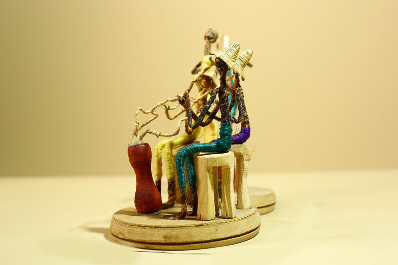 African Tribal Statue Wire Wrapped Figures Carved Wood Base Wall Decor-G5952