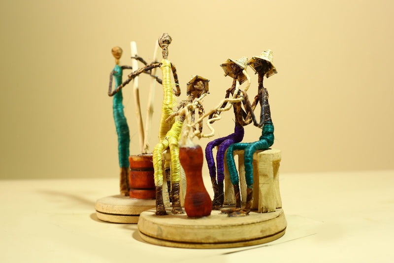 African Tribal Statue Wire Wrapped Figures Carved Wood Base Wall Decor-G5952