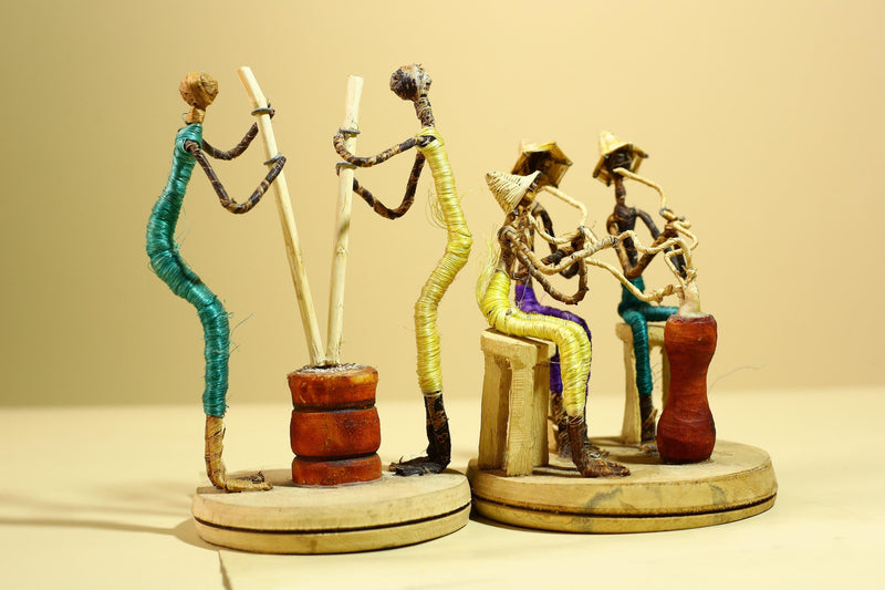 African Tribal Statue Wire Wrapped Figures Carved Wood Base Wall Decor-G5952