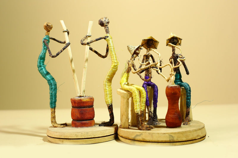 African Tribal Statue Wire Wrapped Figures Carved Wood Base Wall Decor-G5952