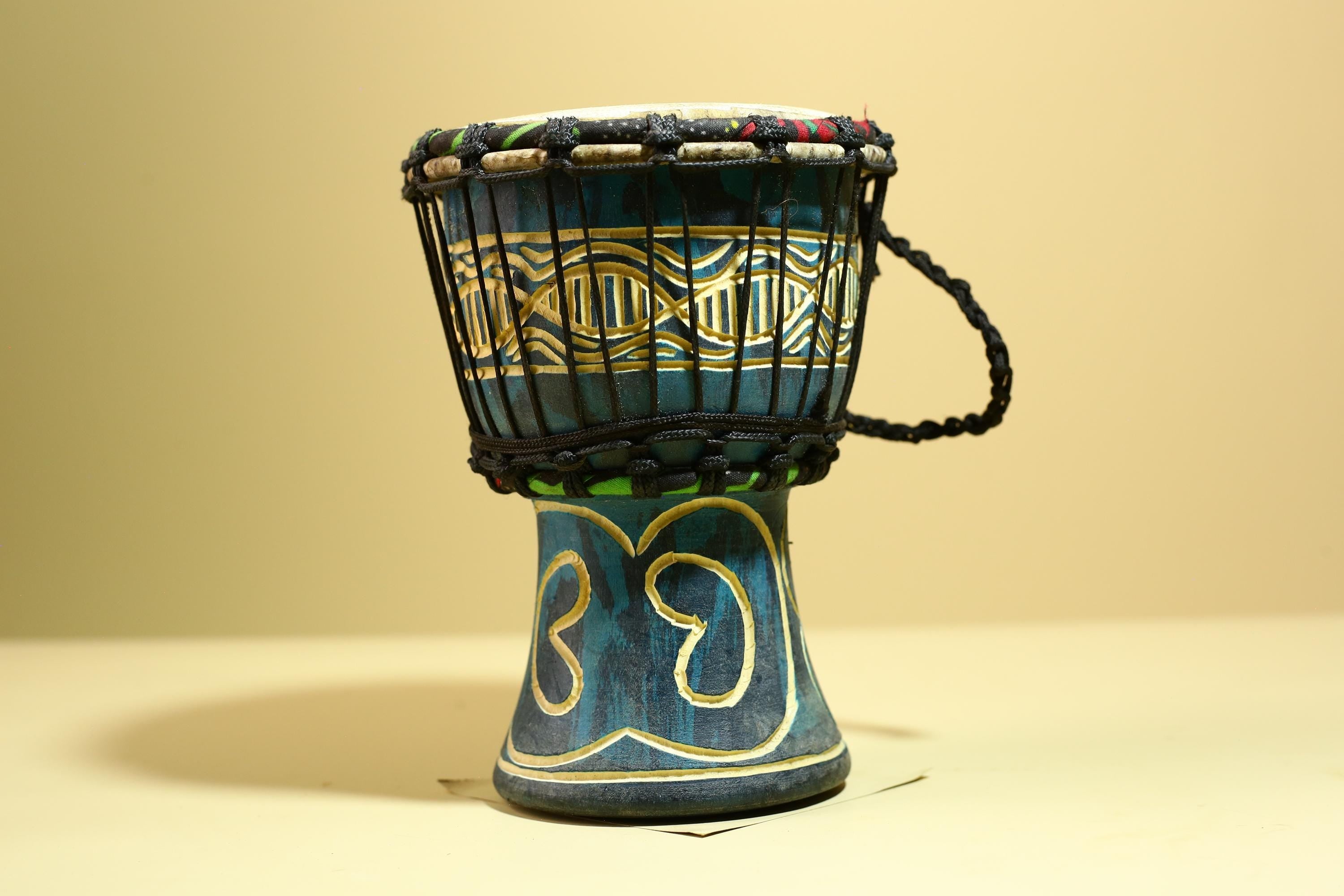 African Tribal Drum Carved Wood Painted Design West Africa Art Decor-G5953