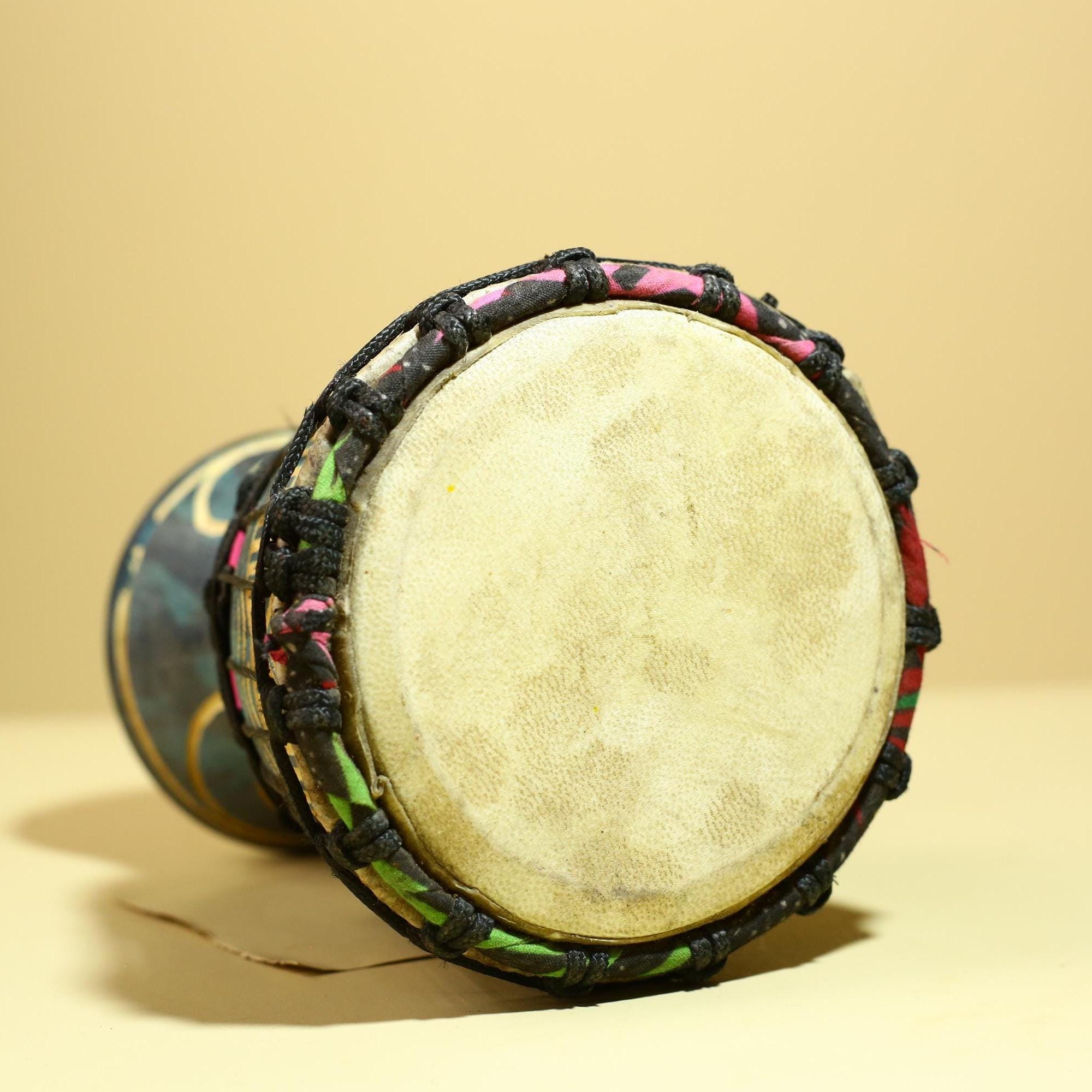 African Tribal Drum Carved Wood Painted Design West Africa Art Decor-G5953