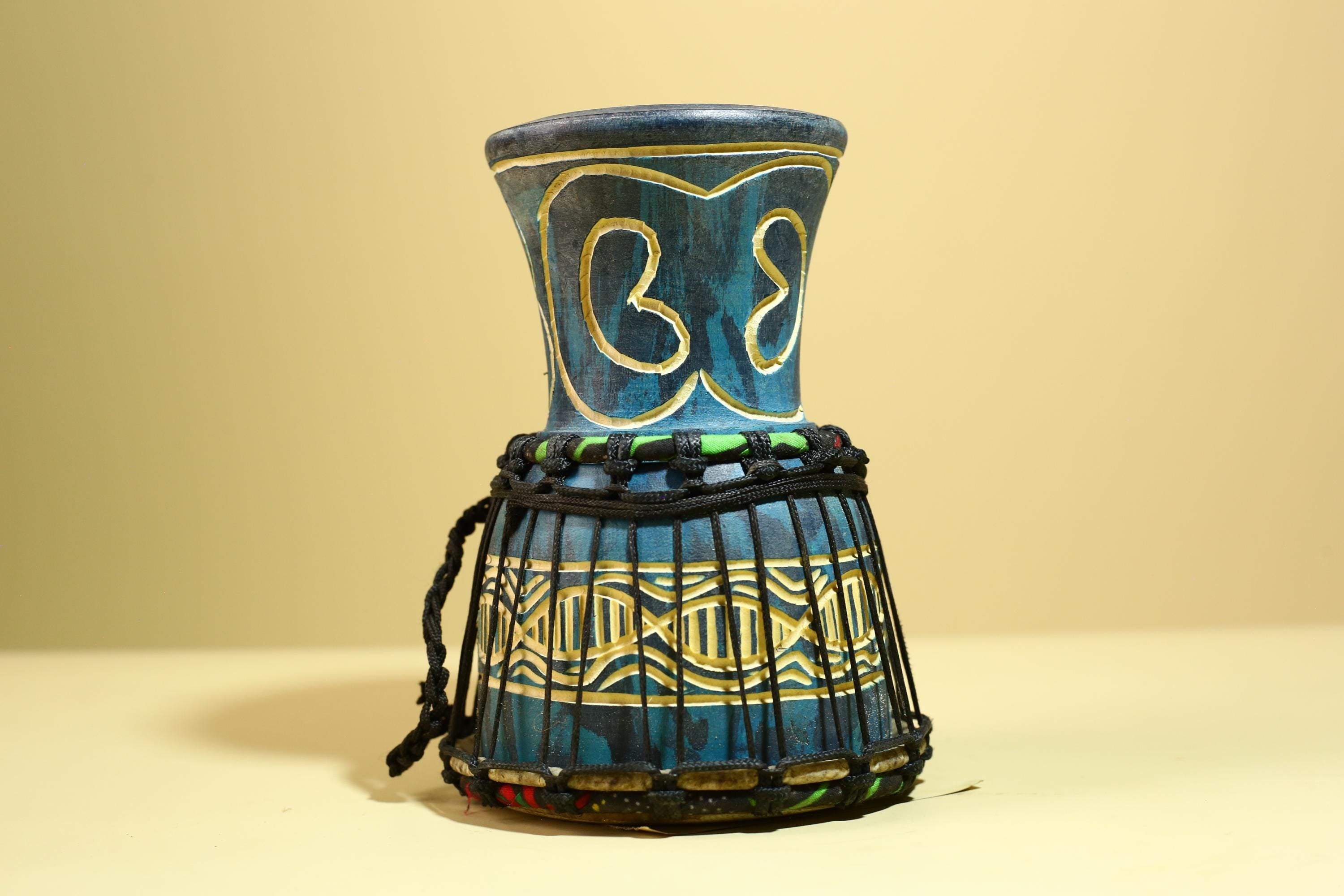 African Tribal Drum Carved Wood Painted Design West Africa Art Decor-G5953