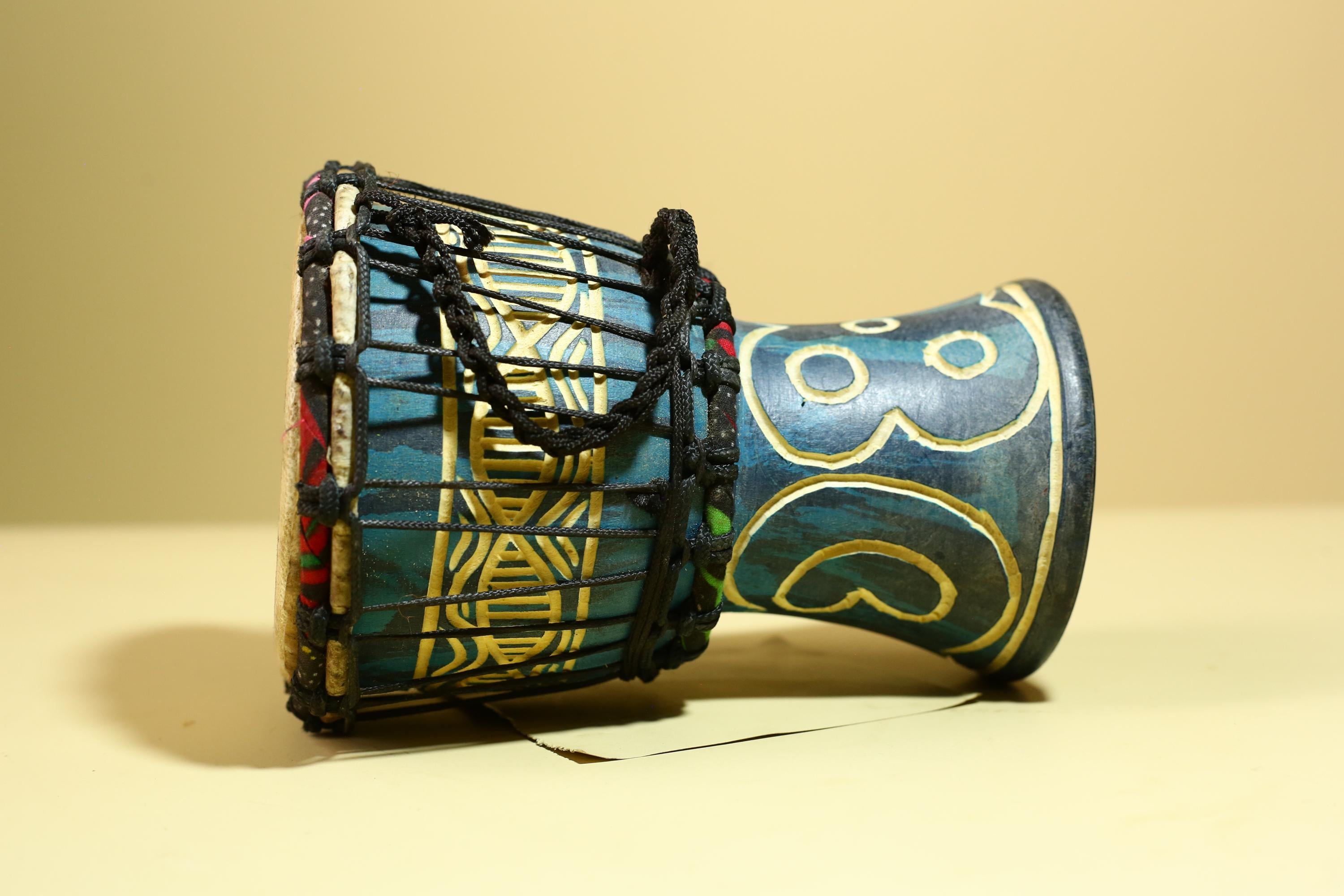 African Tribal Drum Carved Wood Painted Design West Africa Art Decor-G5953