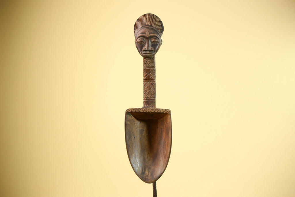 African Carved Statue Spoon Wood Figure Head Handle Tribal Art Decor-G5888