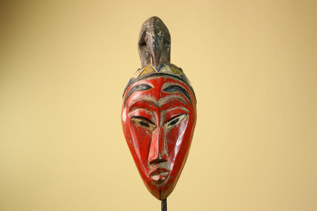 African Baule Mask Carved Wood Red Painted Tribal Art Côte d’Ivoire Vintage-G5956