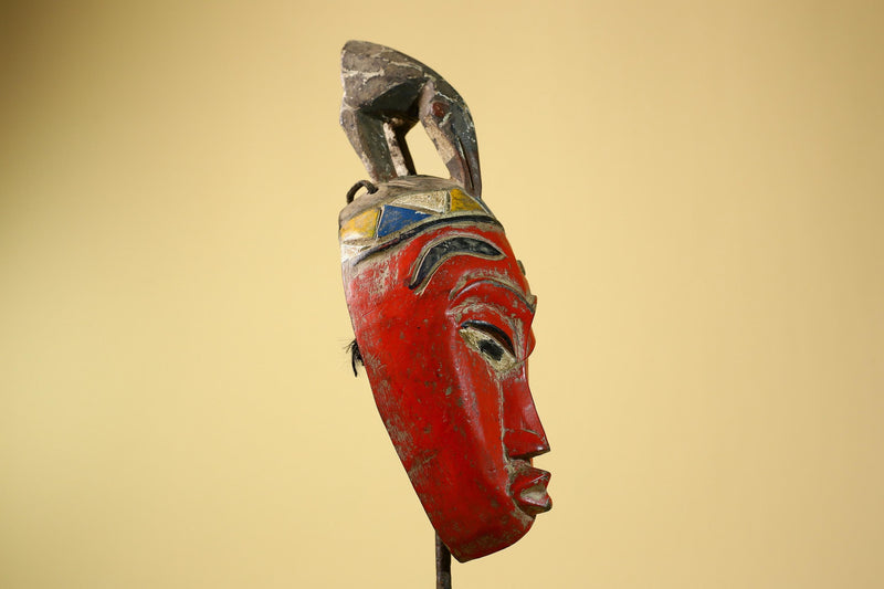 African Baule Mask Carved Wood Red Painted Tribal Art Côte d’Ivoire Vintage-G5956