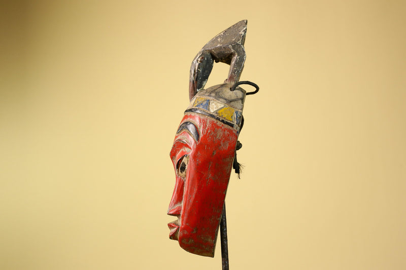 African Baule Mask Carved Wood Red Painted Tribal Art Côte d’Ivoire Vintage-G5956